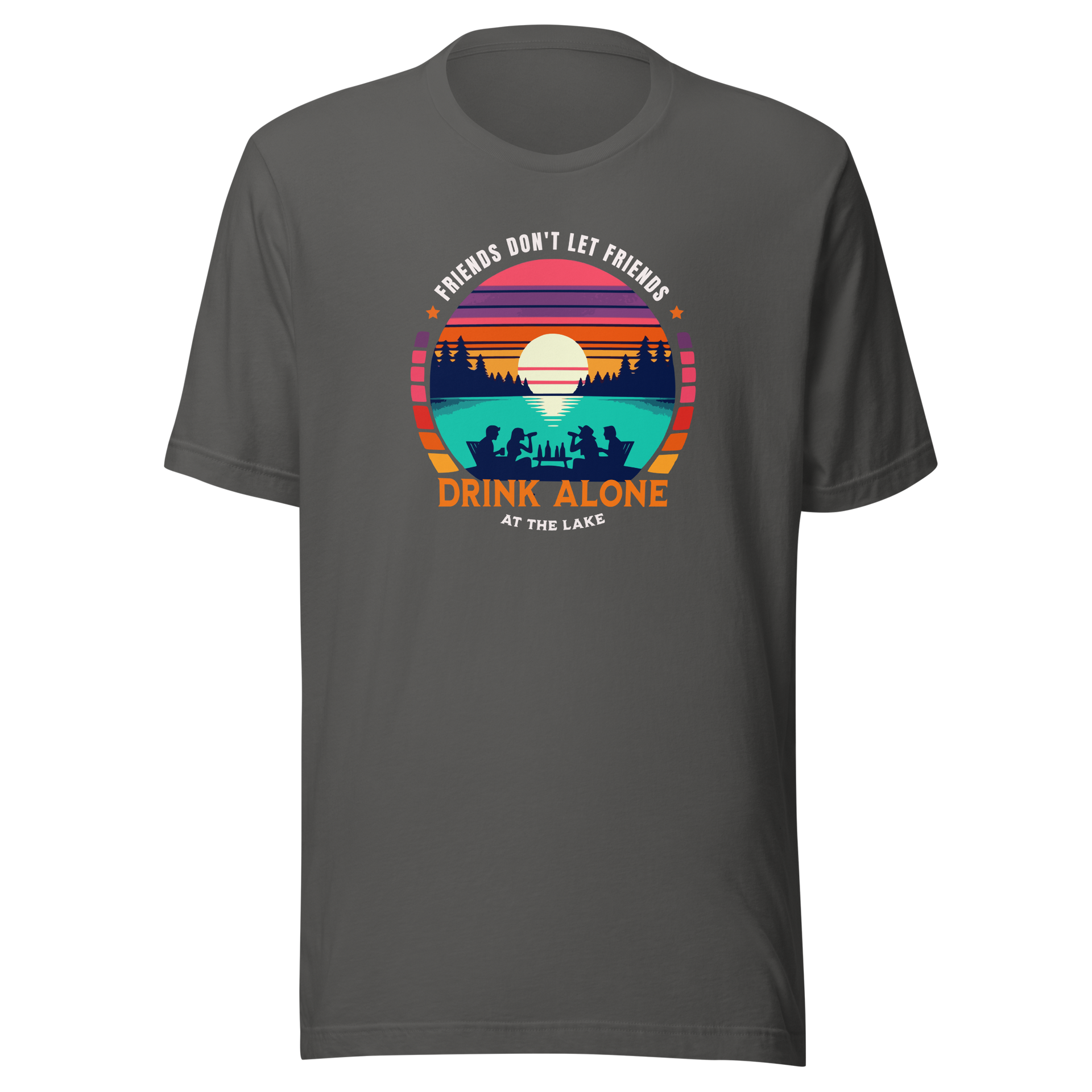 Tee showcasing "Friends Don't Let Friends Drink Alone at the Lake" with a retro sunset and lake scene.