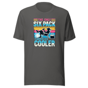 Tee with "The Only Six-Pack I'm Working On Is In The Cooler" and a graphic of a man lounging in a beach chair with a beer.