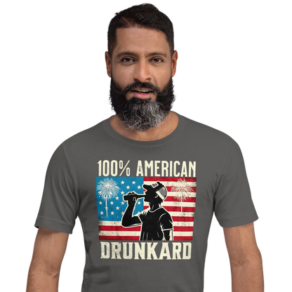 4th of July T-shirt with '100% American Drunkard' text, man drinking a bottle of beer wearing a trucker hat, and distressed American flag background