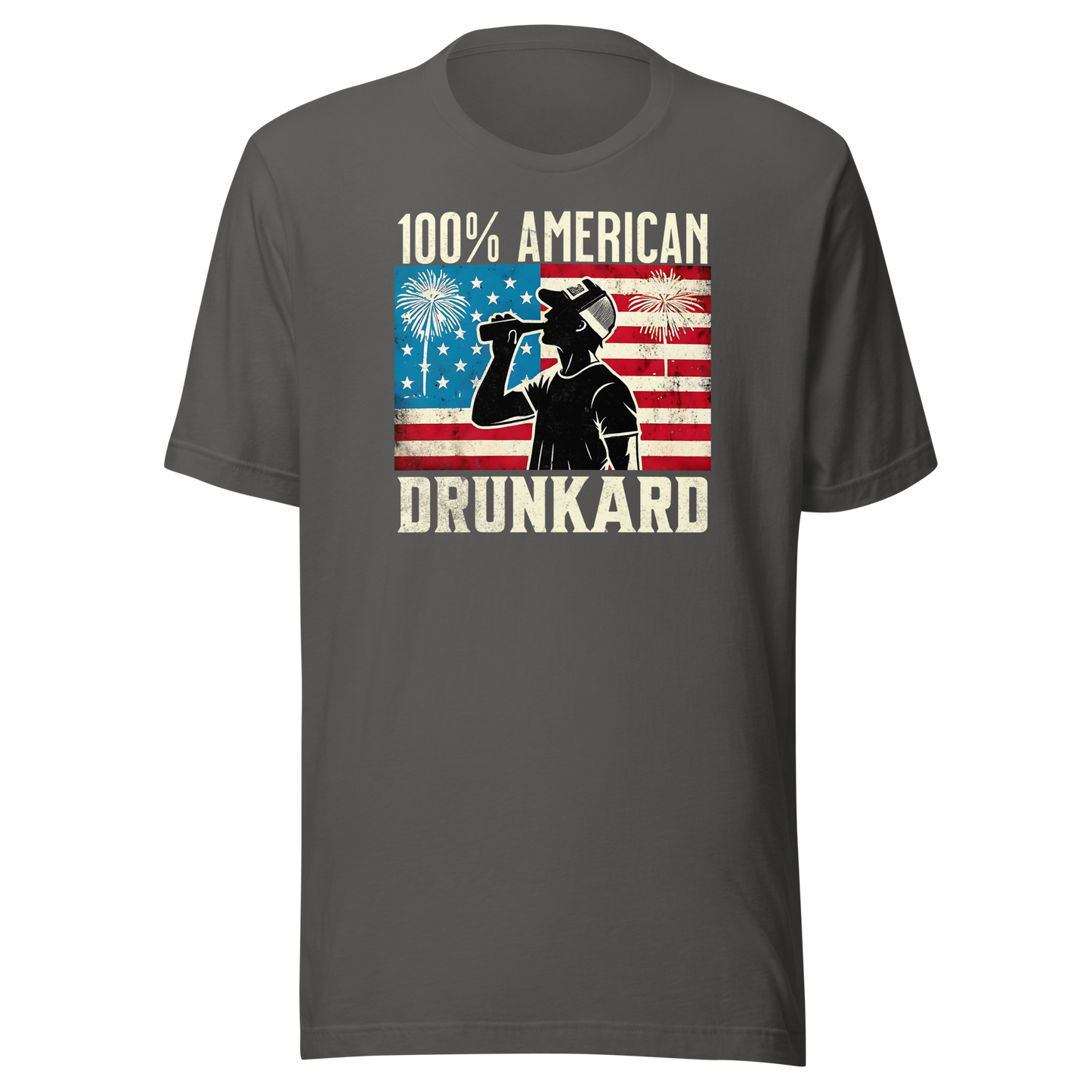 4th of July T-shirt with '100% American Drunkard' text, man drinking a bottle of beer wearing a trucker hat, and distressed American flag background