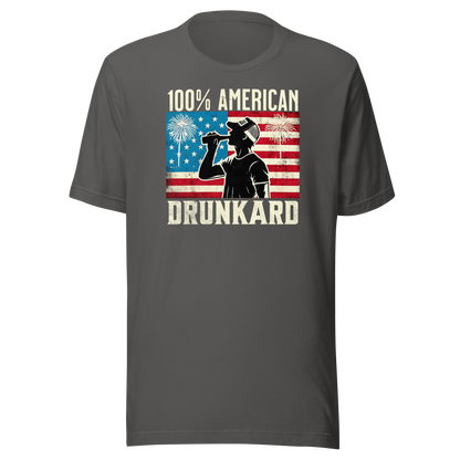 4th of July T-shirt with '100% American Drunkard' text, man drinking a bottle of beer wearing a trucker hat, and distressed American flag background