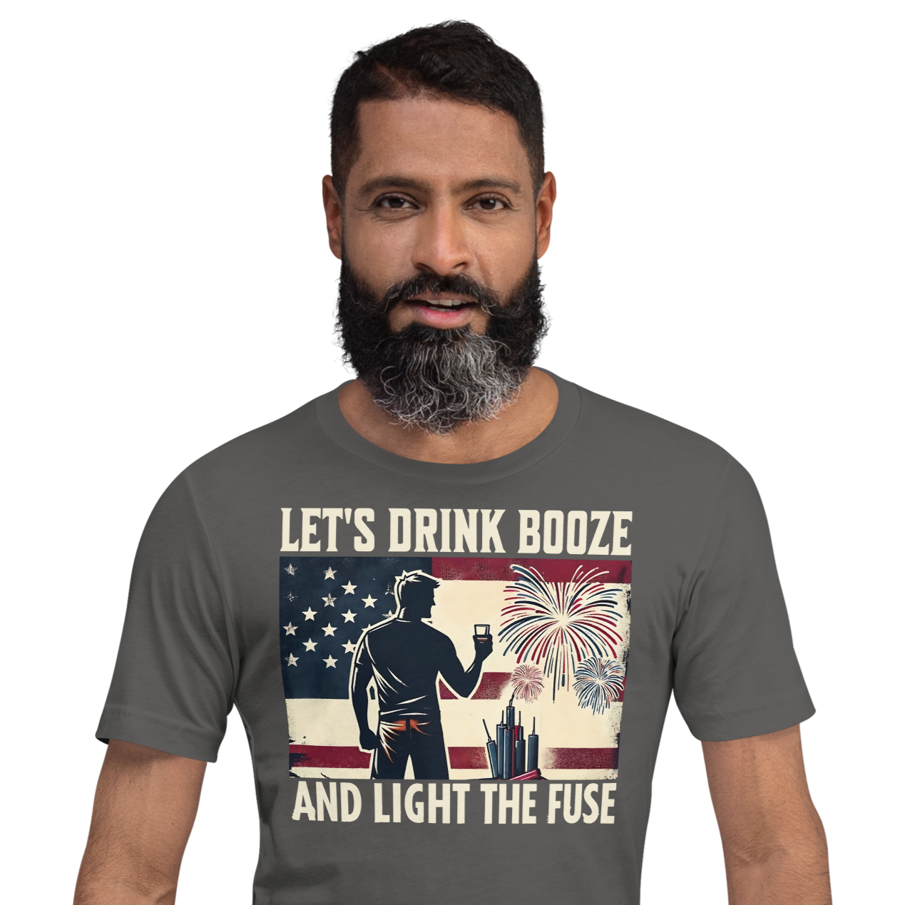 4th of July T-shirt with 'Let's Drink Booze and Light the Fuse' text, featuring a festive, patriotic theme