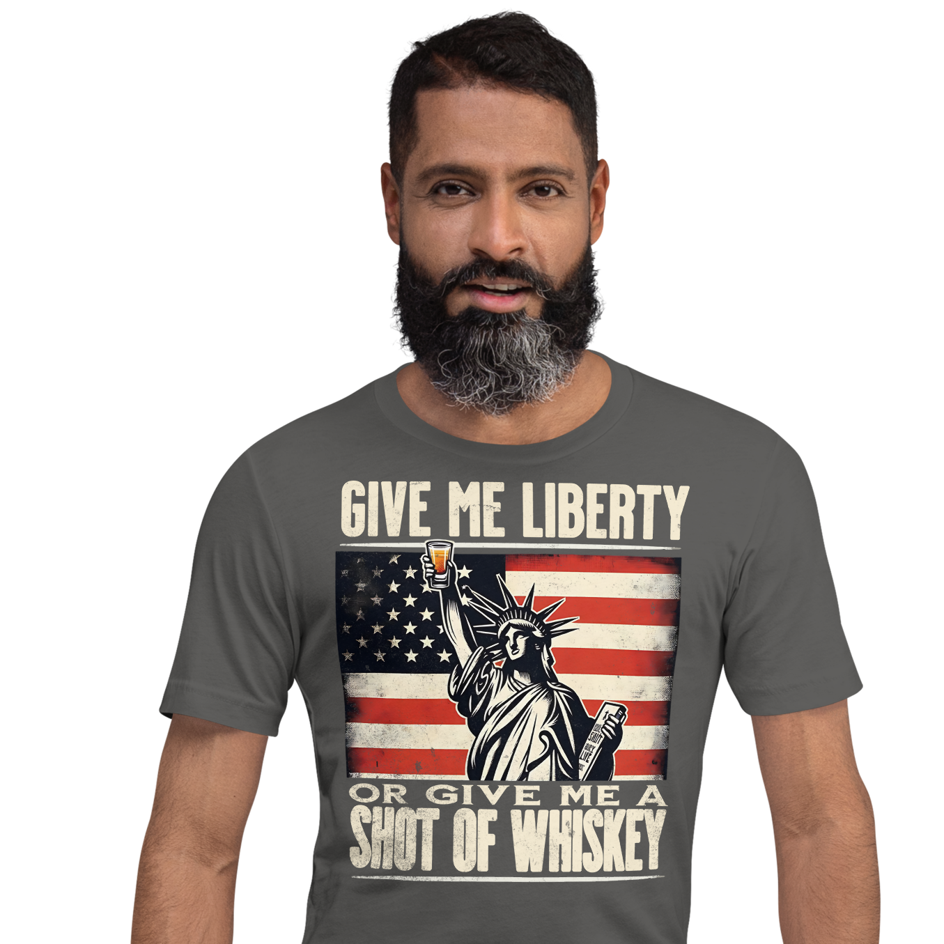 'Give Me Liberty or Give Me Whiskey' text, Statue of Liberty holding a shot glass, and distressed American flag background