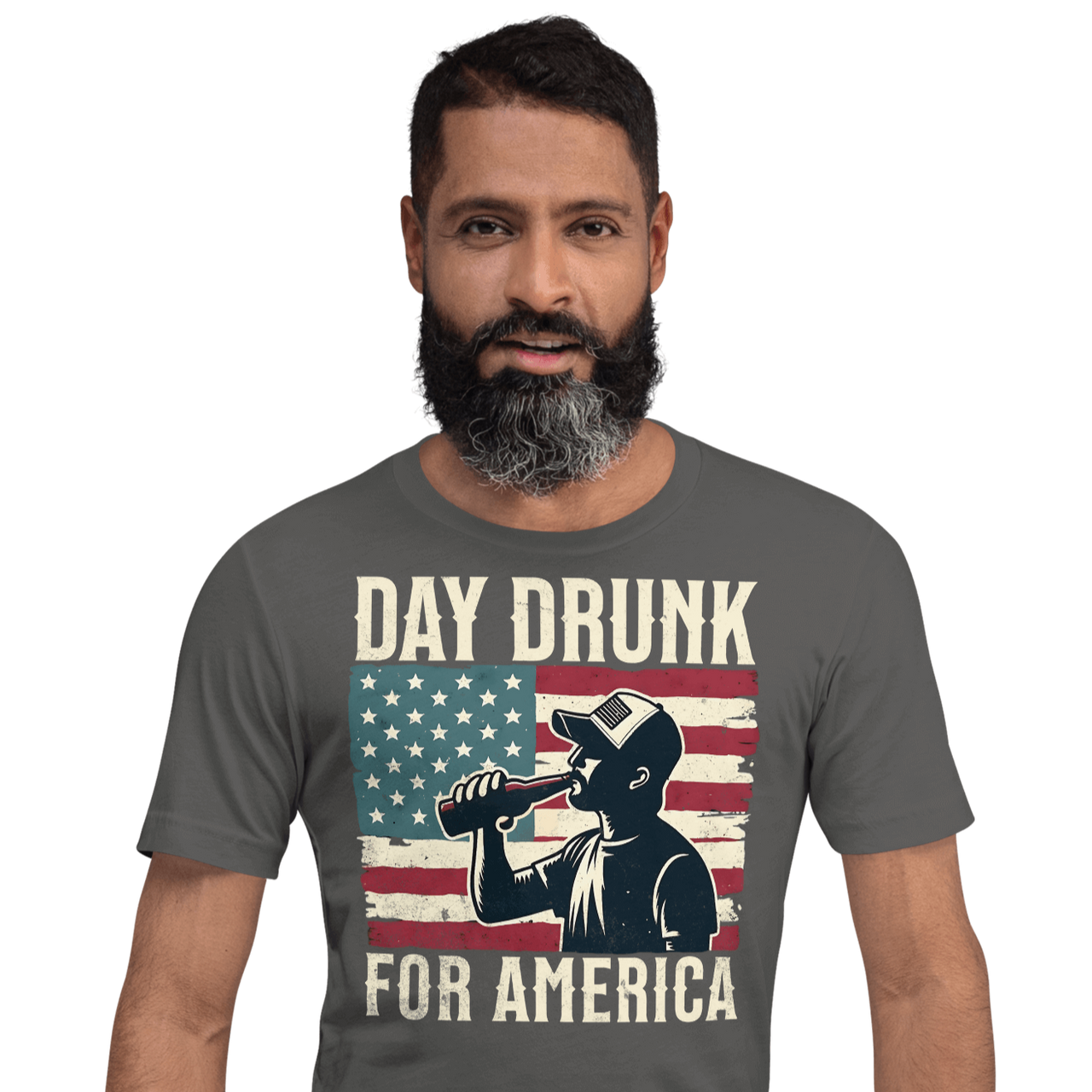 T-shirt with Day Drunk for America text, silhouette of a man drinking a bottle of beer, and distressed American flag background. Perfect for 4th of July.