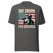 T-shirt with Day Drunk for America text, silhouette of a man drinking a bottle of beer, and distressed American flag background. Perfect for 4th of July.