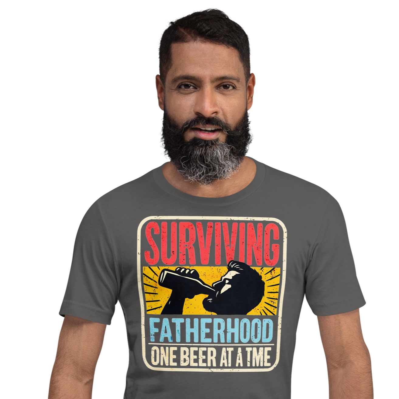 Celebrate fatherhood with our "Surviving Fatherhood One Beer at a Time" t-shirt. Perfect gift for dads who love a cold one. Ideal for Father's Day or birthdays.