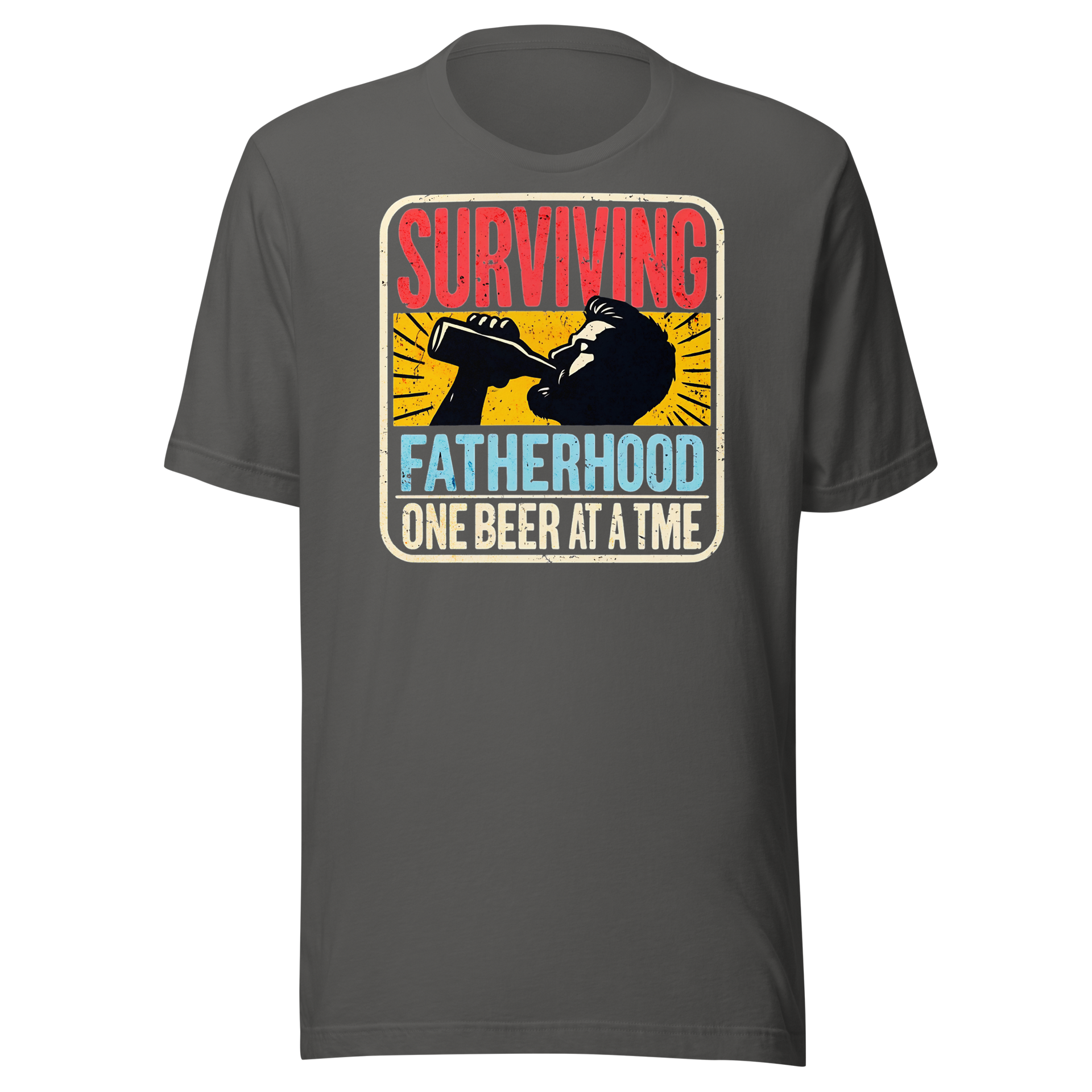 Celebrate fatherhood with our "Surviving Fatherhood One Beer at a Time" t-shirt. Perfect gift for dads who love a cold one. Ideal for Father's Day or birthdays.