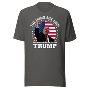 "Even Bullets Can't Stop Trump Tee featuring patriotic design with American flag and text ‘Take America Back Again’"