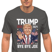 Man wearing Trump 2024 Bye Bye Joe funny tee with playful illustration of President Trump waving