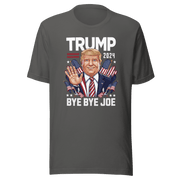 Trump 2024 Bye Bye Joe funny tee with President Trump illustration and patriotic design on a gray shirt