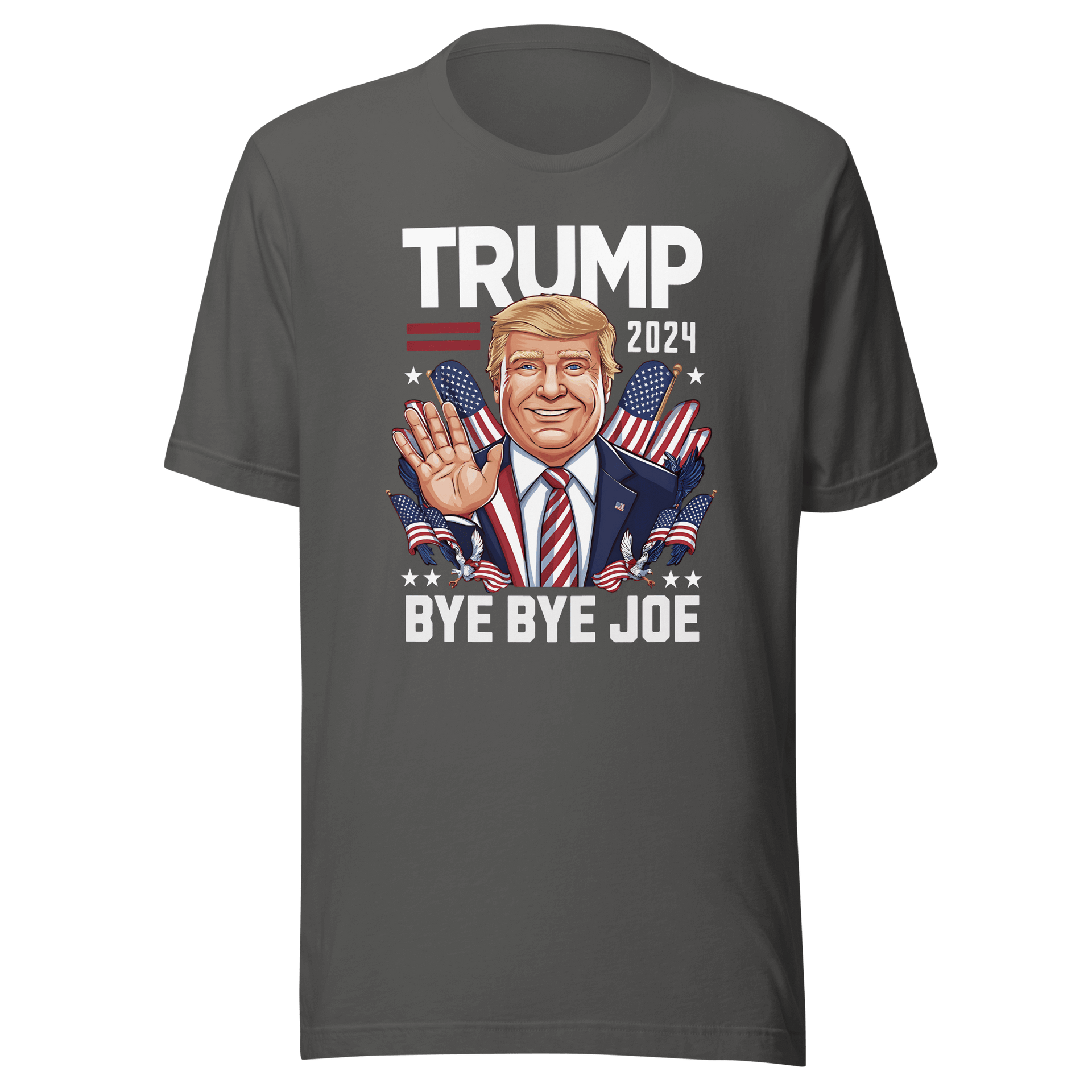 Trump 2024 Bye Bye Joe funny tee with President Trump illustration and patriotic design on a gray shirt