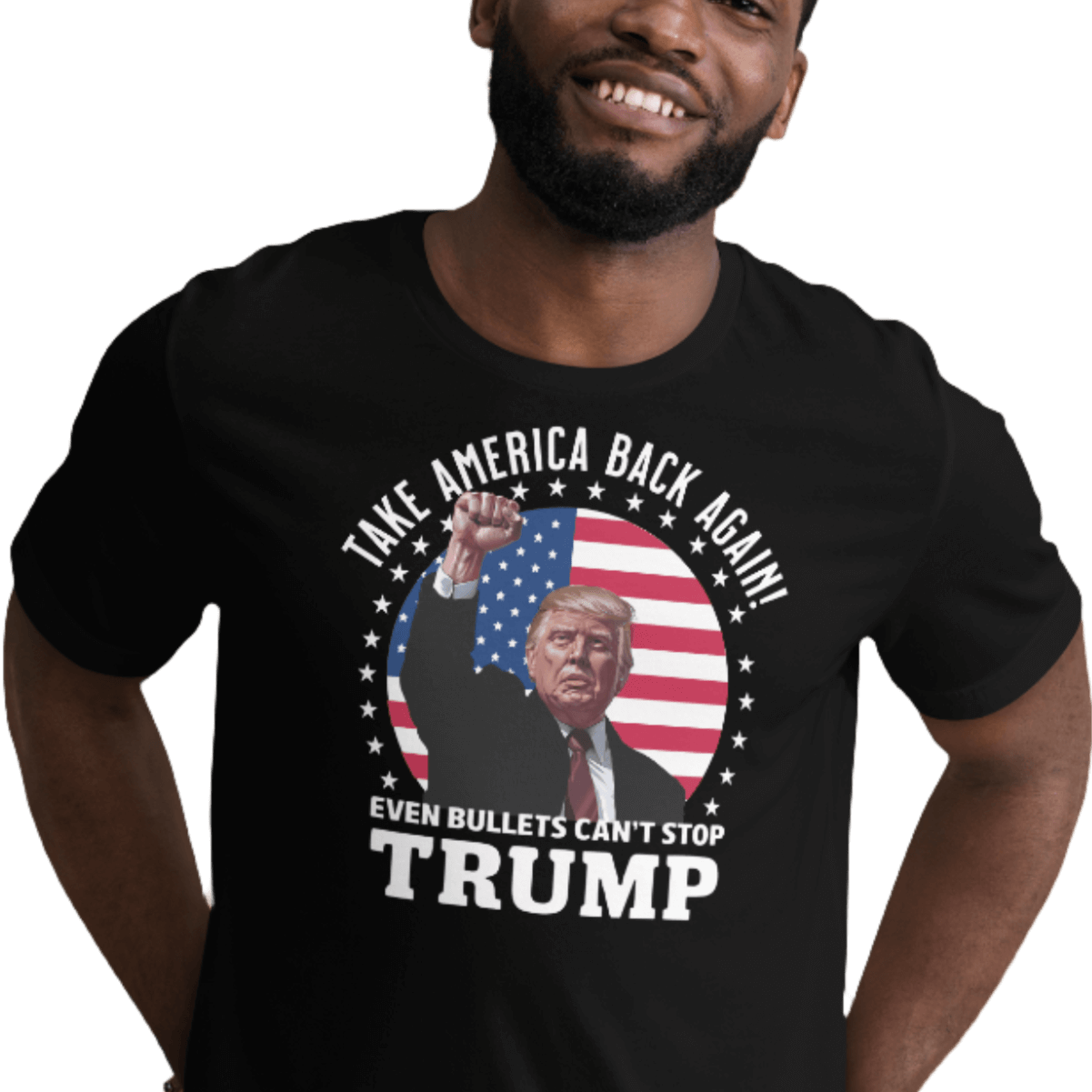 Man wearing "Even Bullets Can't Stop Trump" t-shirt with American flag design