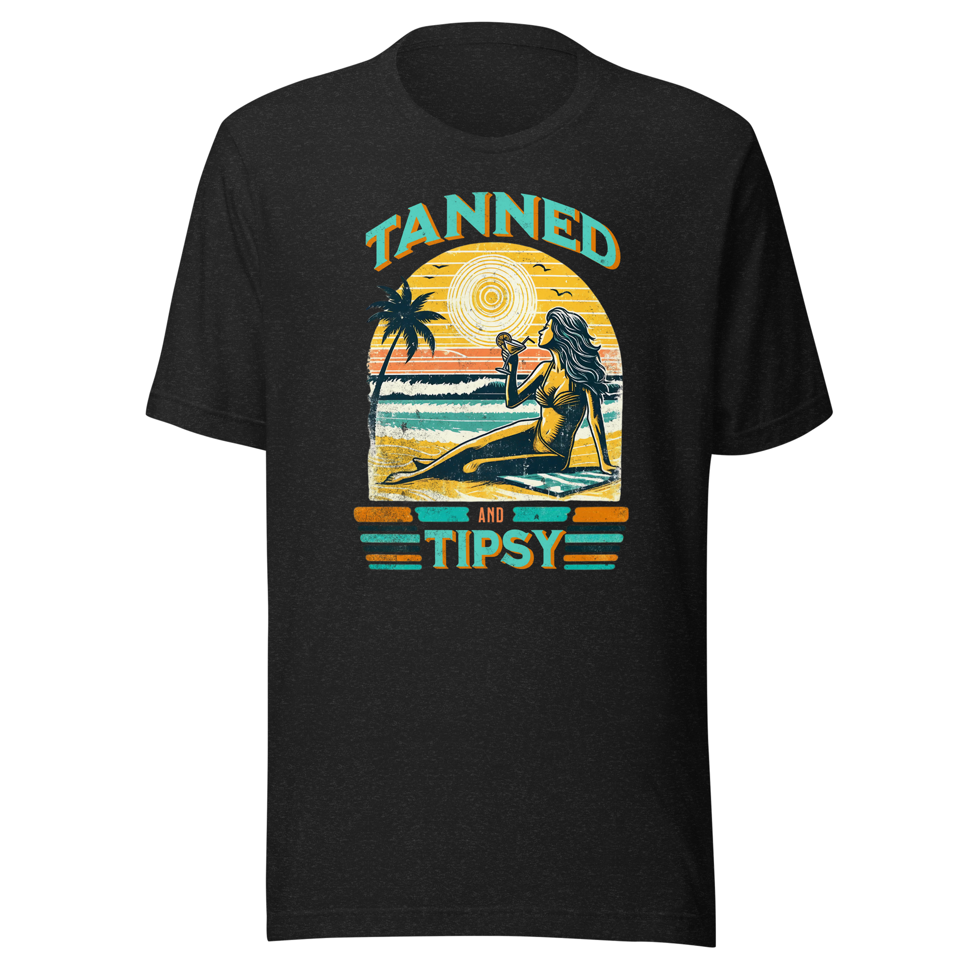 Vintage-inspired 'Tanned and Tipsy' tee with a woman sipping a cocktail on a beach at sunset, perfect for beach drinking and summer parties.