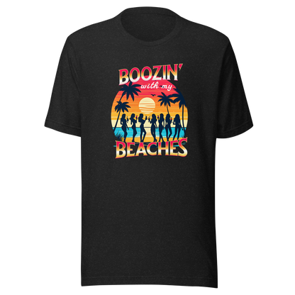 Silhouettes of women drinking cocktails on the beach at sunset in 'Boozin' with My Beaches' tee.