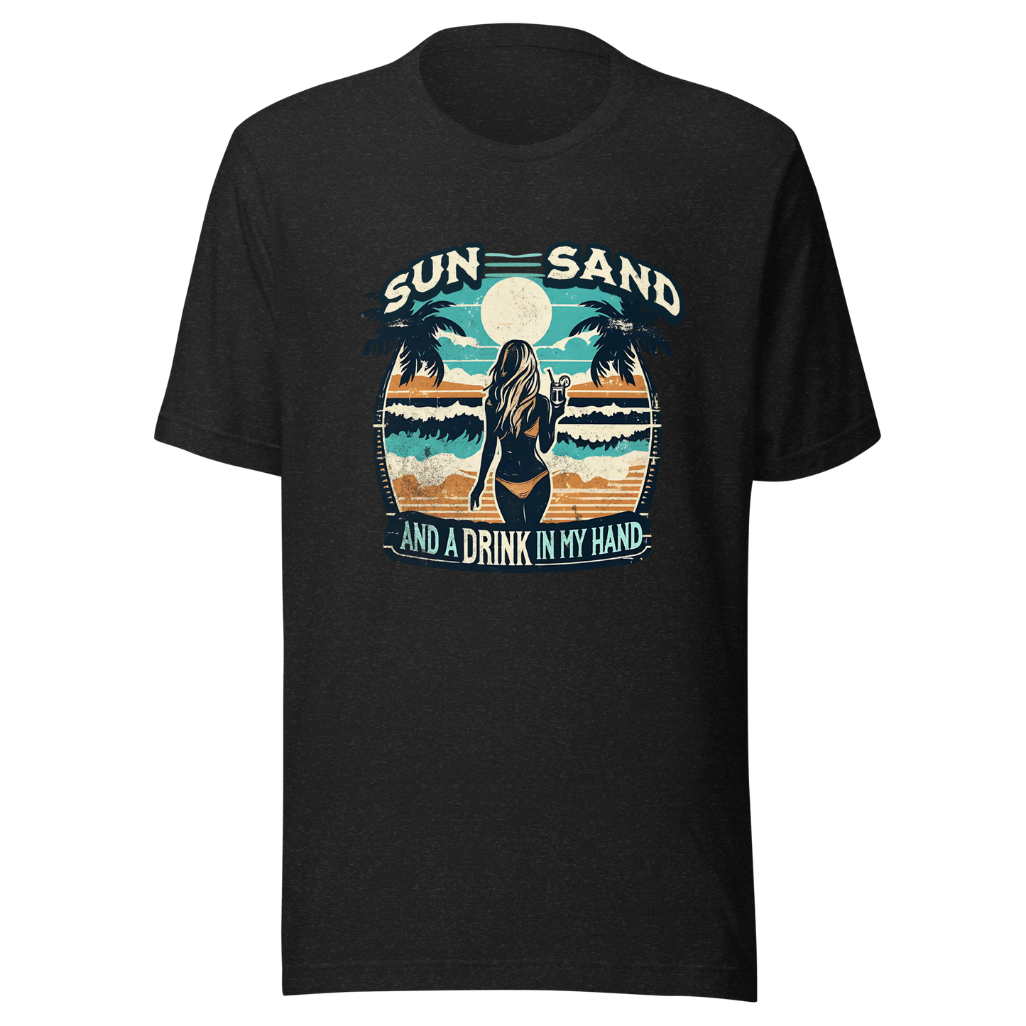 Woman with cocktail on beach on 'Sun, Sand, and a Drink in My Hand' tee, showcasing ocean and sun background