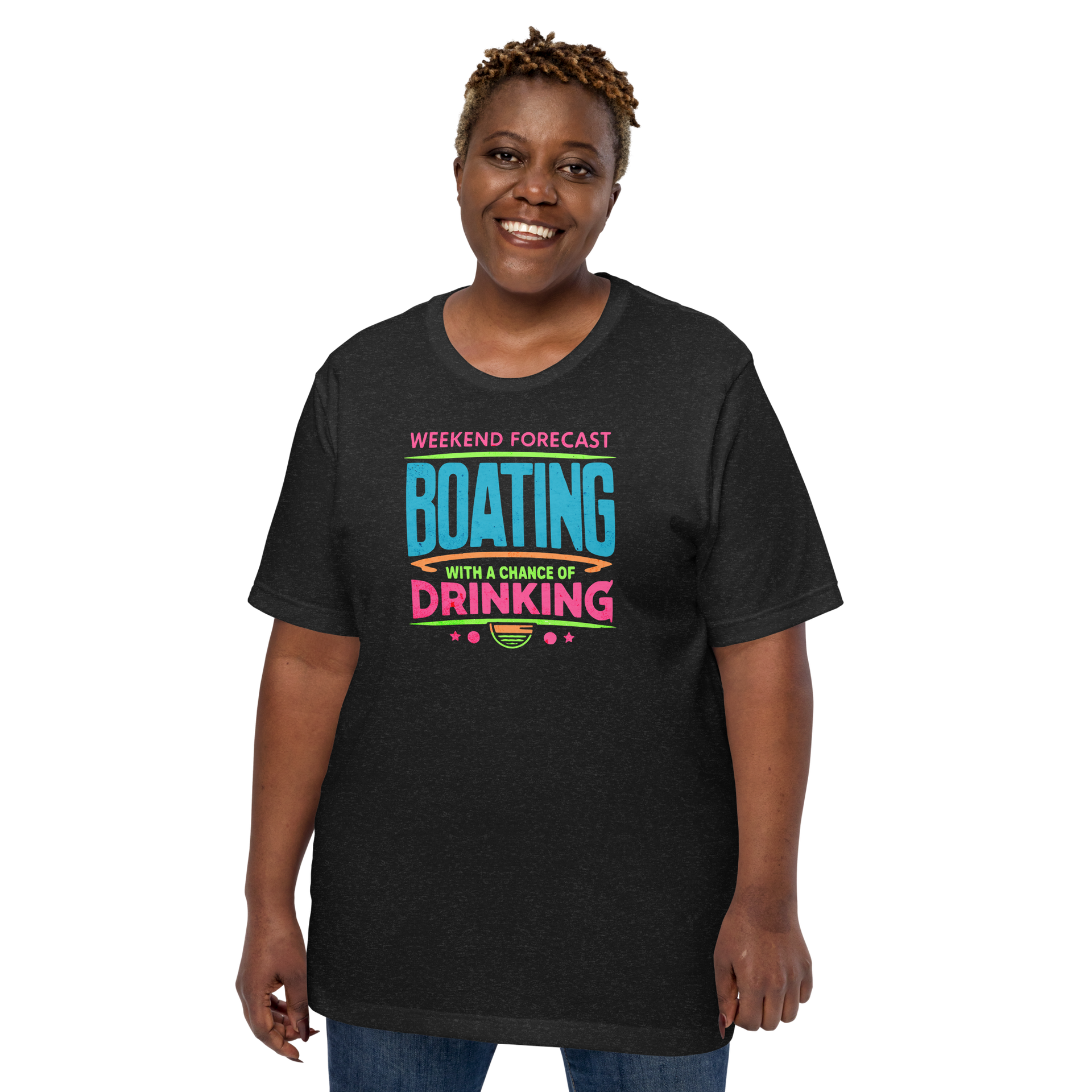 Tee with "Weekend Forecast: Boating with a Chance of Drinking" in bright colors, ideal for boaters.