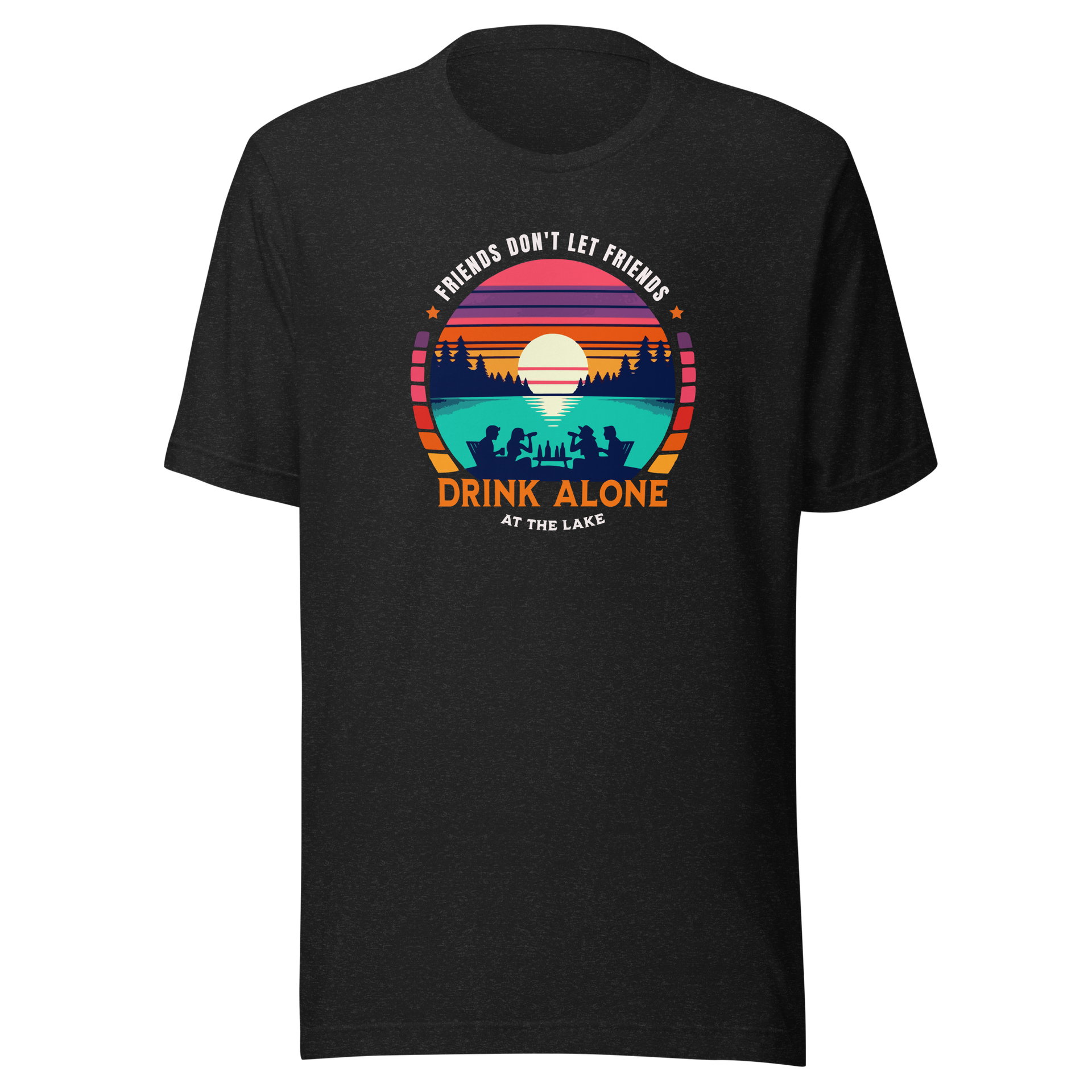 Tee showcasing "Friends Don't Let Friends Drink Alone at the Lake" with a retro sunset and lake scene.