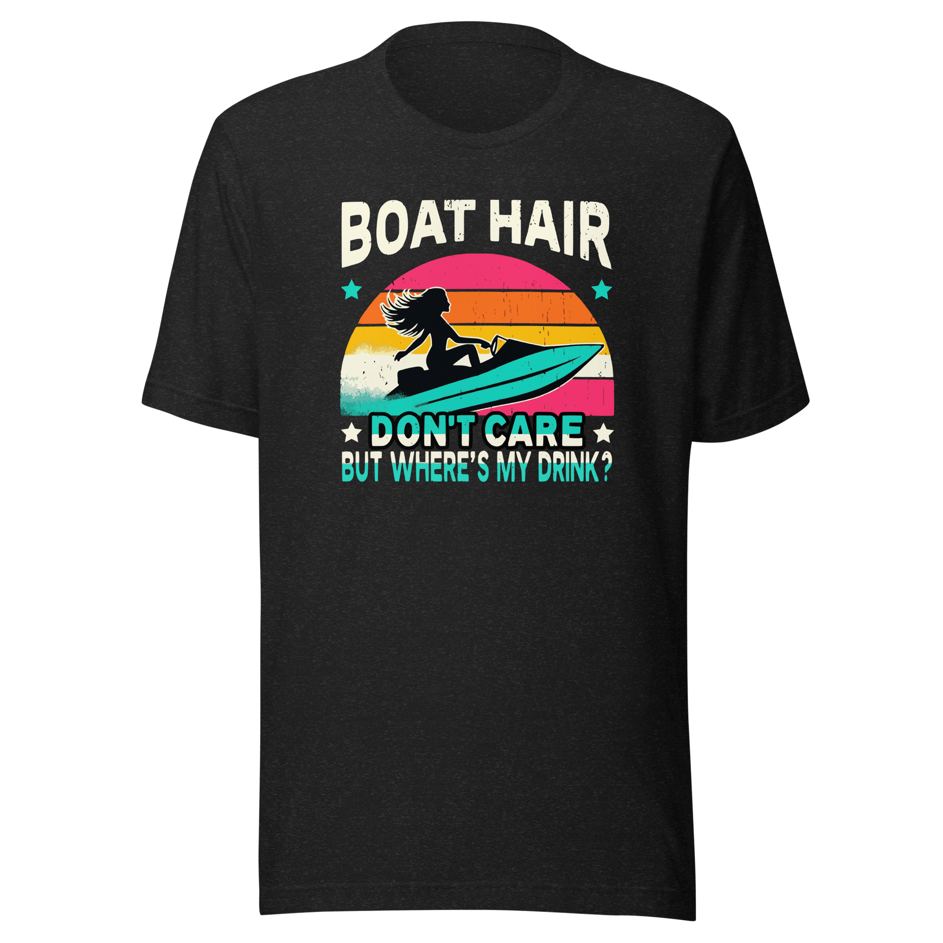 Tee with "Boar Hair Don't Care, But Where's My Drink?" and a woman on a jet ski against a retro sunset backdrop.