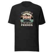 Tee with "It's a Good Day to Drink at the Lake with Friends," showing people drinking on a boat, with lake and mountain views.