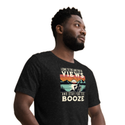 Tee showing "I Come to the Lake for the Views and Stay for the Booze," with a man in a beach chair, lake, and retro sunset.