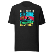 Tee featuring "All I Need Is Sunshine, a Cold Beer, and My Boat" with a man in a boat and a retro sunset in the background.