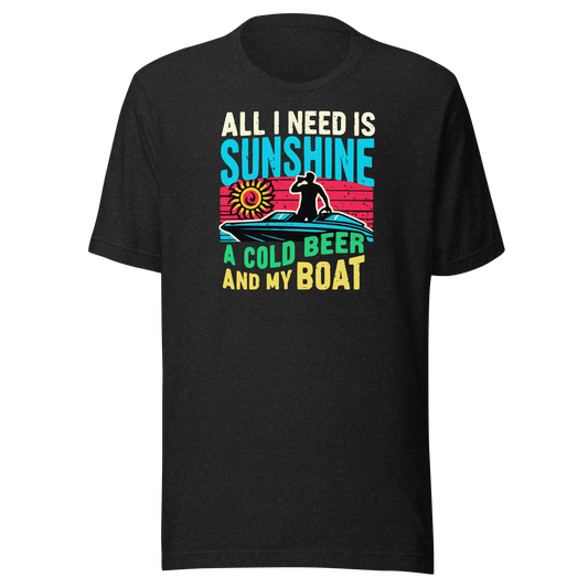 Tee featuring "All I Need Is Sunshine, a Cold Beer, and My Boat" with a man in a boat and a retro sunset in the background.