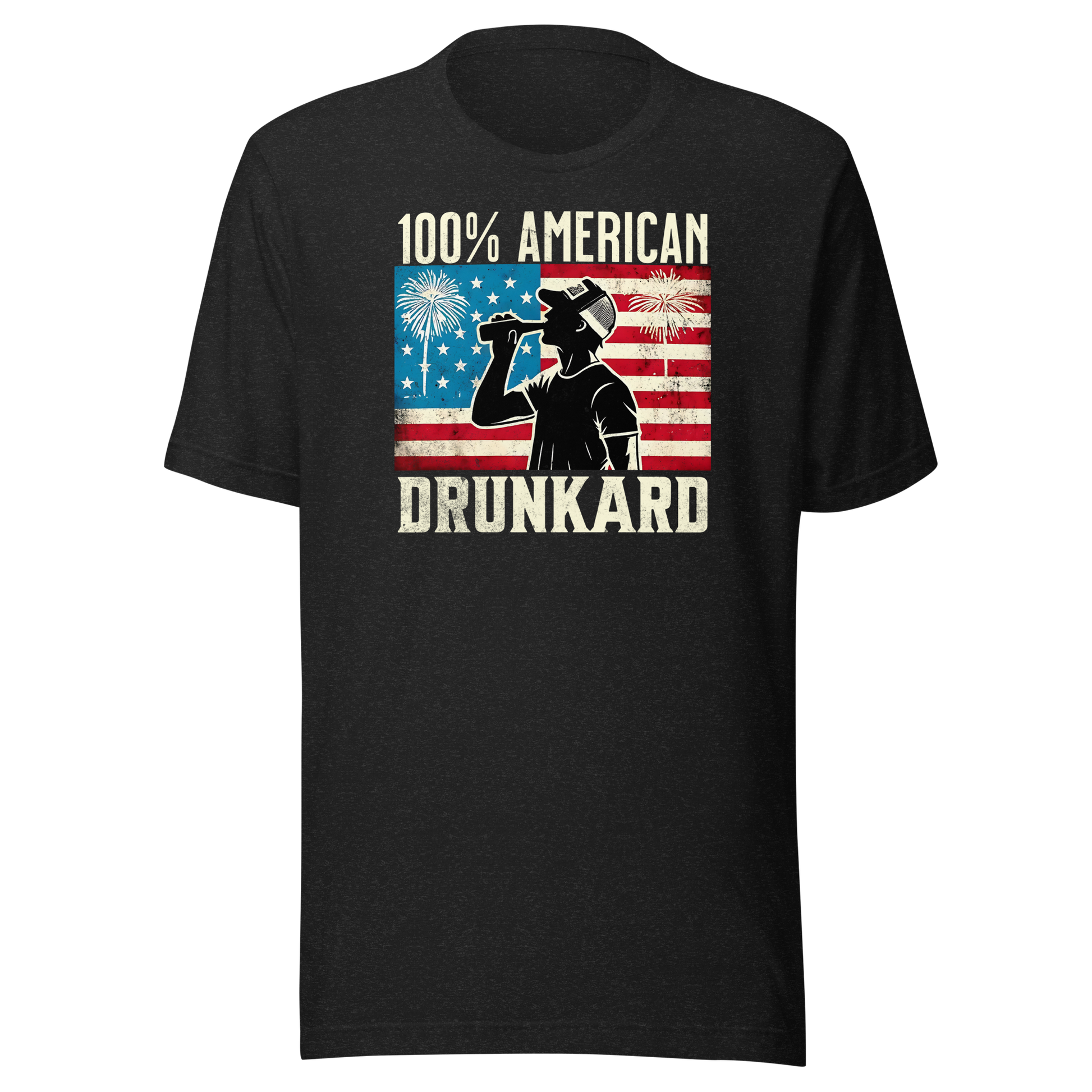 4th of July T-shirt with '100% American Drunkard' text, man drinking a bottle of beer wearing a trucker hat, and distressed American flag background