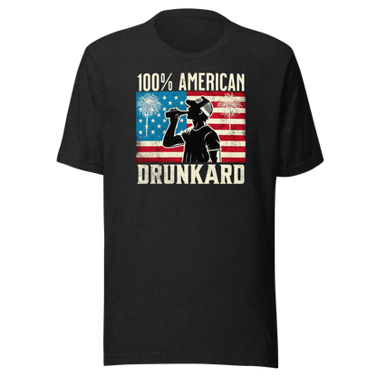 4th of July T-shirt with '100% American Drunkard' text, man drinking a bottle of beer wearing a trucker hat, and distressed American flag background