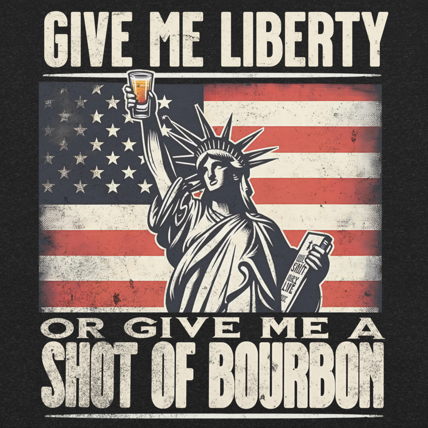 T-shirt with Give Me Liberty or Give Me a Shot of Bourbon text, Statue of Liberty holding a shot glass, and distressed American flag background. Perfect for 4th of July.