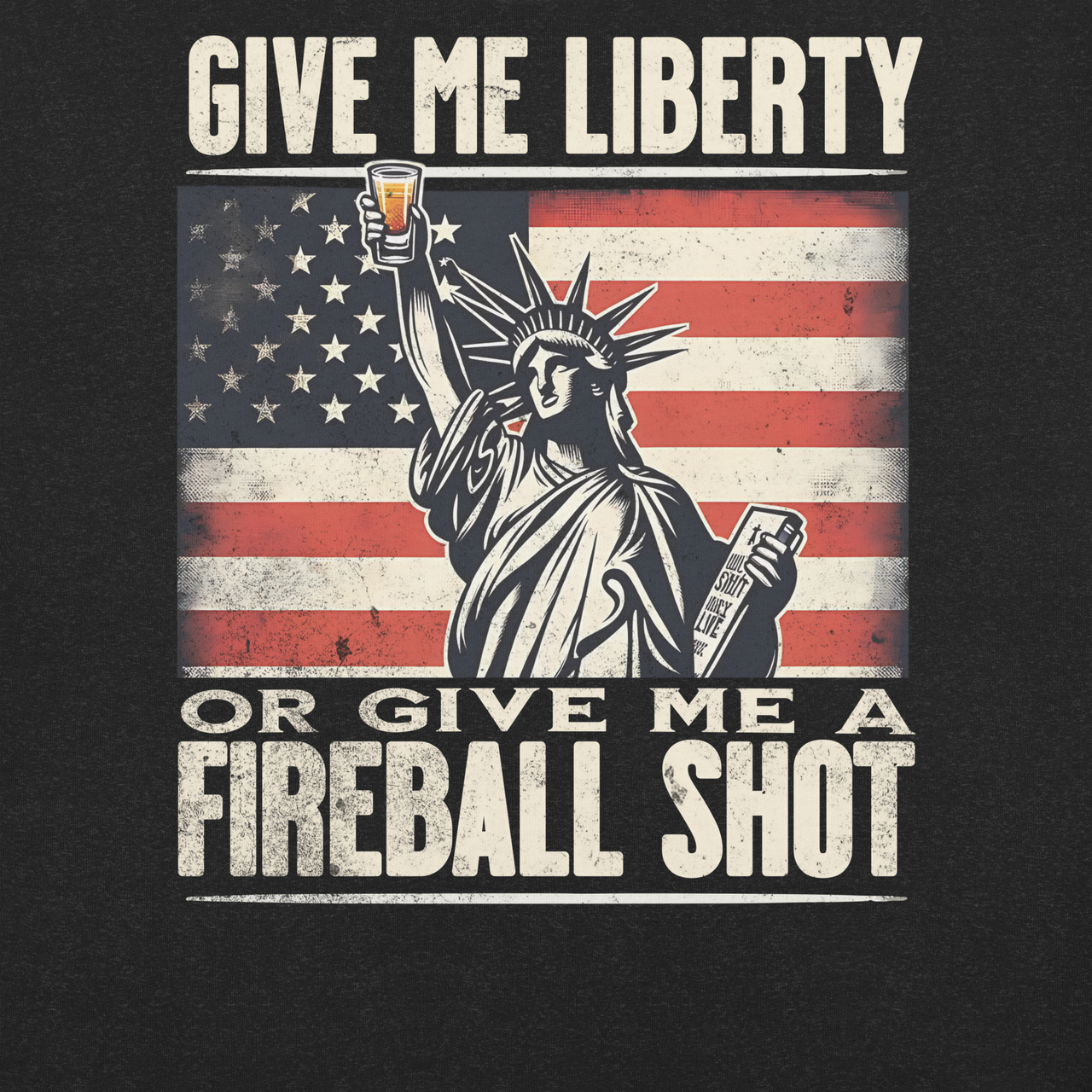T-shirt with 'Give Me Liberty or Give Me a Fireball Shot' text, Statue of Liberty holding a shot glass, and distressed American flag background.
