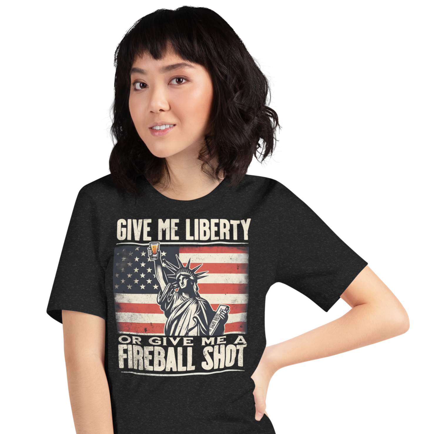 T-shirt with 'Give Me Liberty or Give Me a Fireball Shot' text, Statue of Liberty holding a shot glass, and distressed American flag background.