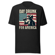 T-shirt with Day Drunk for America text, silhouette of a man drinking a bottle of beer, and distressed American flag background. Perfect for 4th of July.