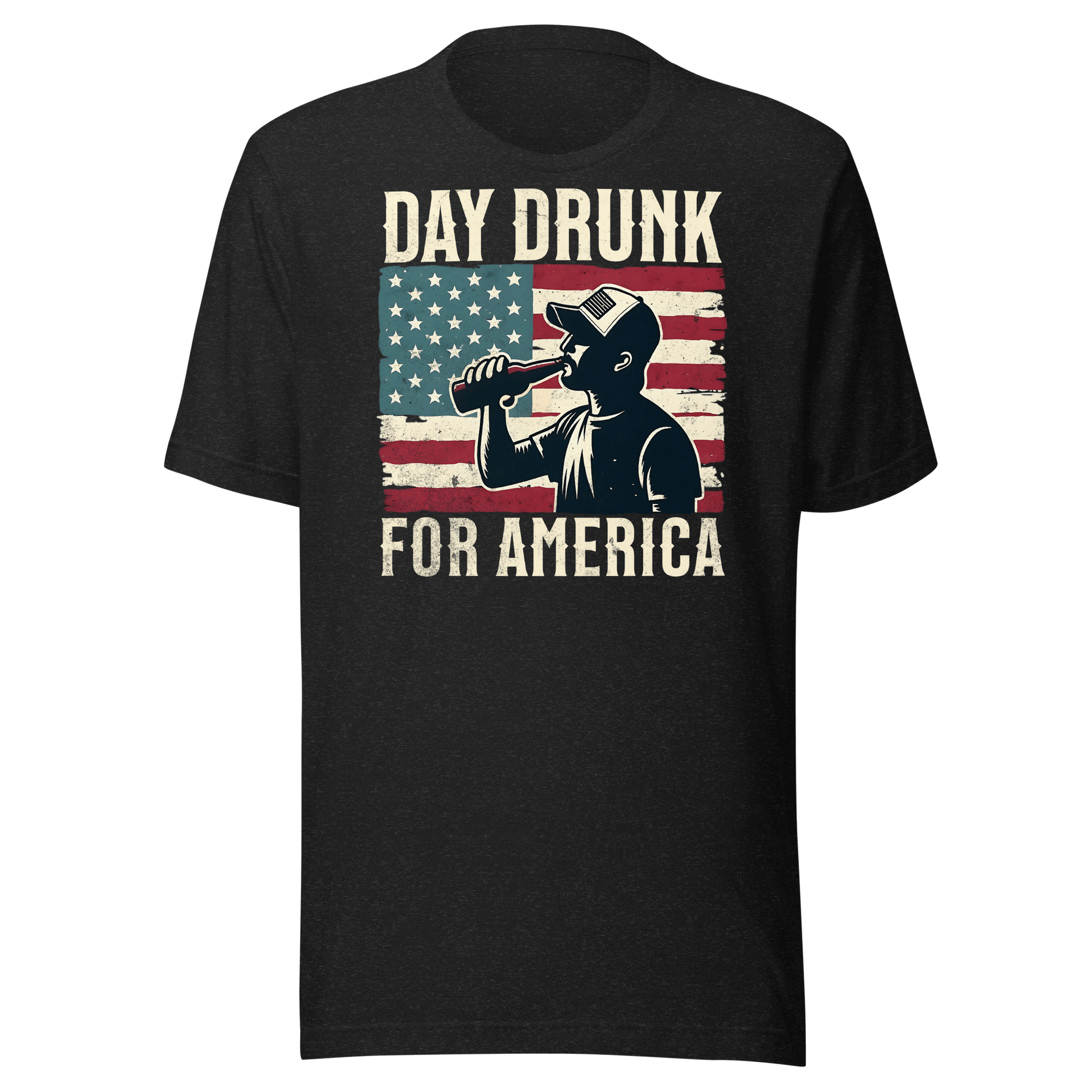 T-shirt with Day Drunk for America text, silhouette of a man drinking a bottle of beer, and distressed American flag background. Perfect for 4th of July.