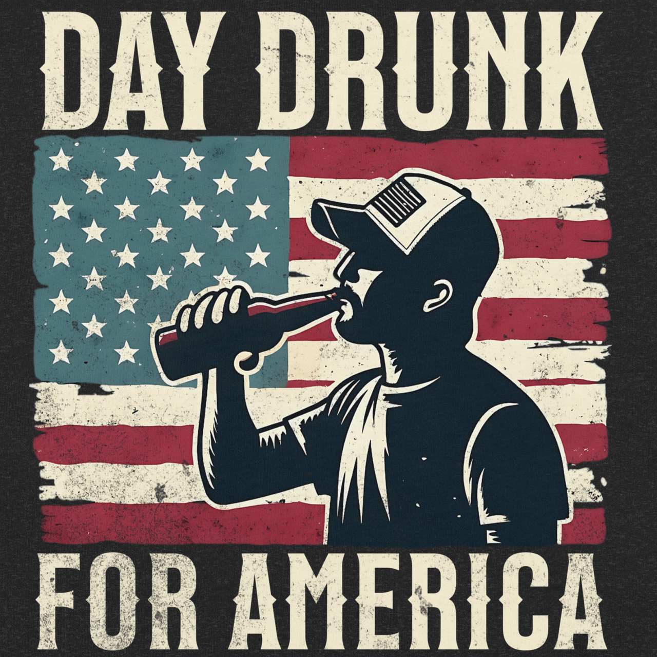 T-shirt with Day Drunk for America text, silhouette of a man drinking a bottle of beer, and distressed American flag background. Perfect for 4th of July.