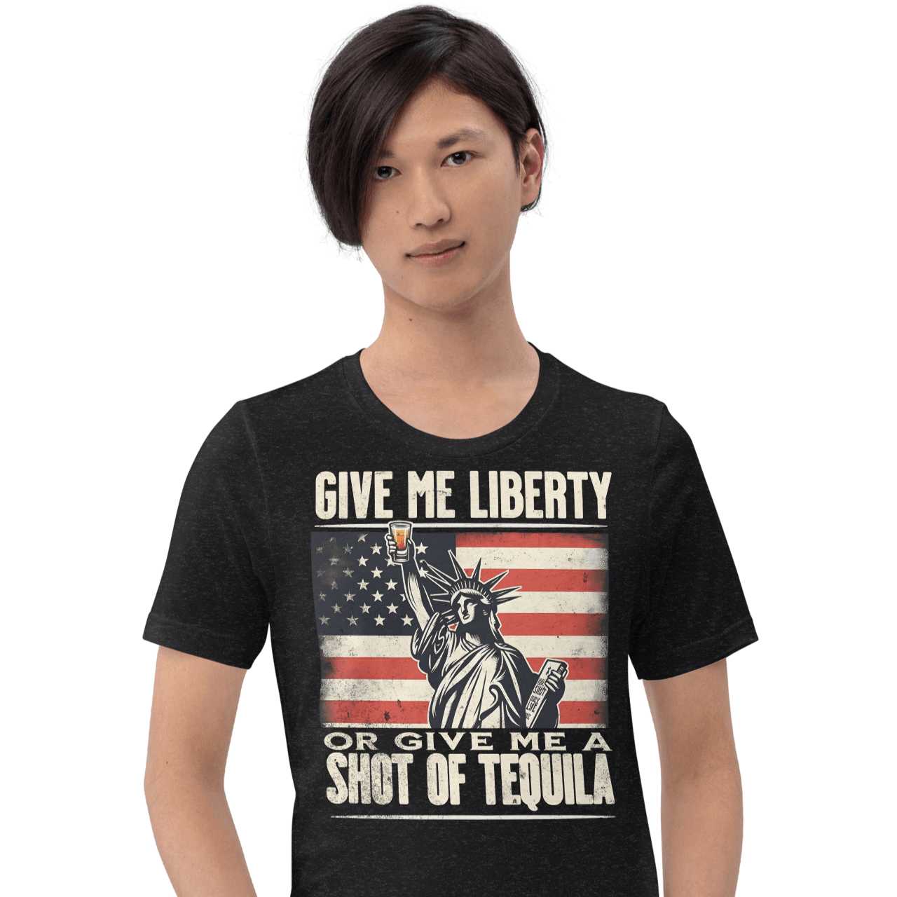 T-shirt with Give Me Liberty or Give Me a Shot of Tequila text, Statue of Liberty holding a shot glass, and distressed American flag background. Perfect for 4th of July.