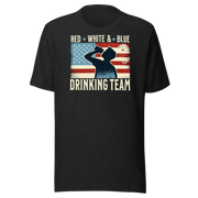 T-shirt with Red White and Blue Drinking Team text, man drinking beer, and distressed American flag background. Perfect for 4th of July.