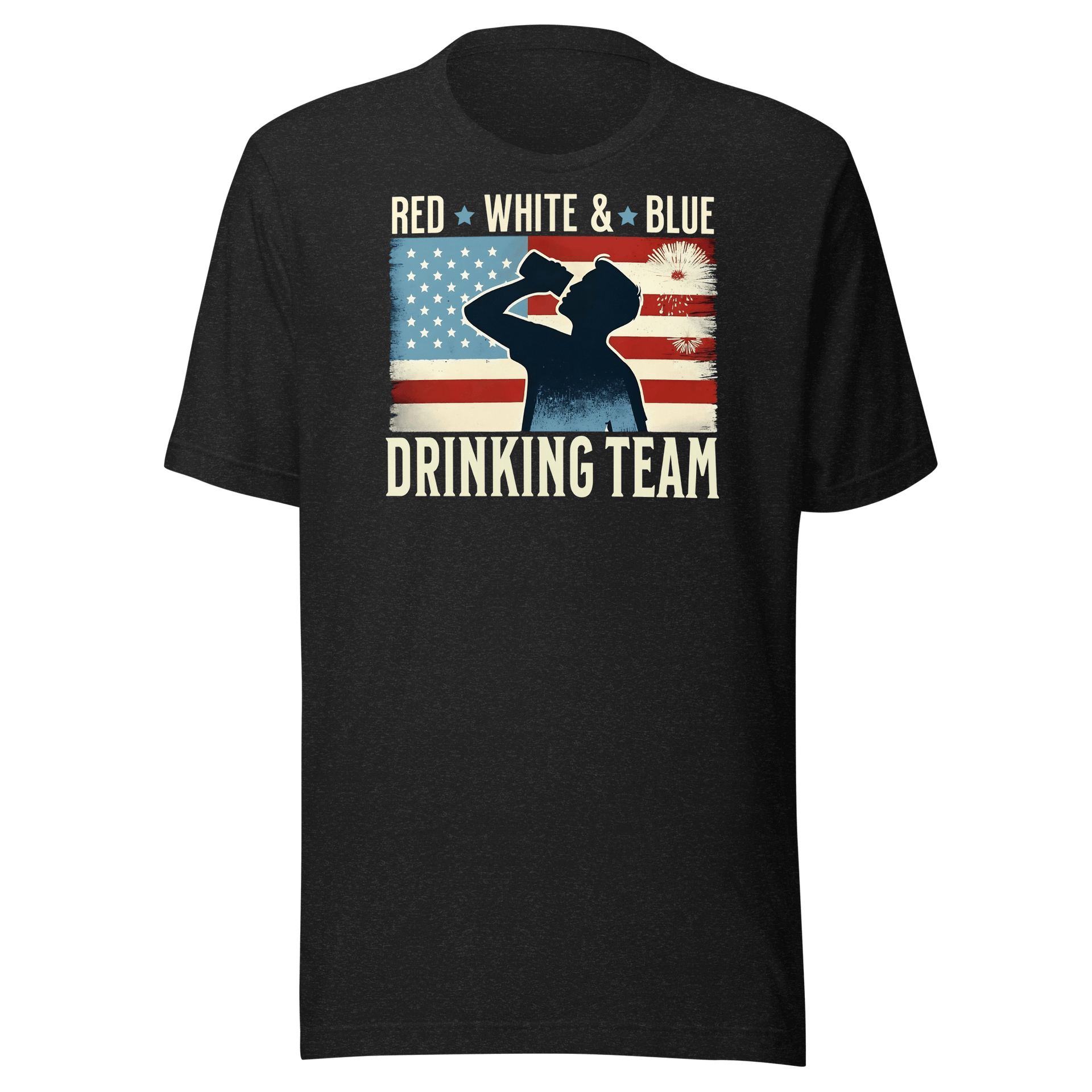 T-shirt with Red White and Blue Drinking Team text, man drinking beer, and distressed American flag background. Perfect for 4th of July.