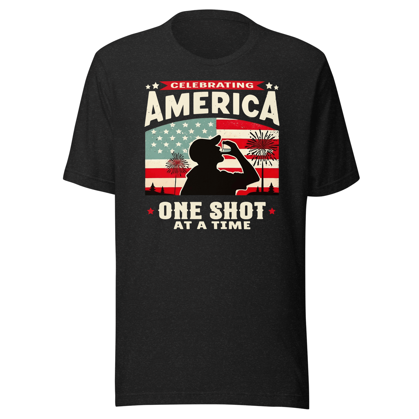 T-shirt with Celebrating America One Shot at a Time text, silhouette of a man drinking a shot, and distressed American flag background. Perfect for 4th of July.