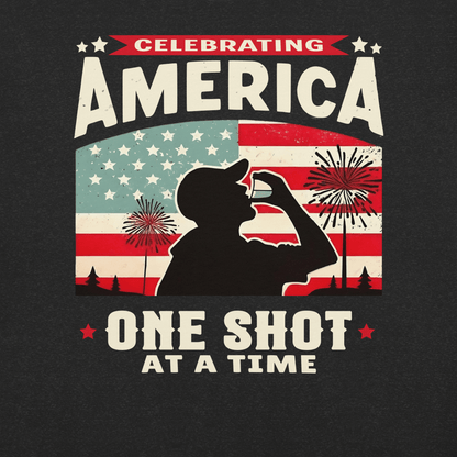 T-shirt with Celebrating America One Shot at a Time text, silhouette of a man drinking a shot, and distressed American flag background. Perfect for 4th of July.