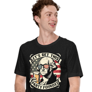 T-shirt with Let's Get This Party Founded text, George Washington drinking a beer, and distressed American flag background. Perfect for 4th of July.