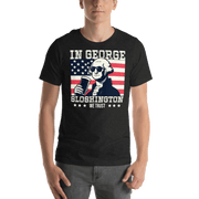 T-shirt with In George Sloshington We Trust text, image of George Washington drinking a beer, and distressed American flag background. Perfect for 4th of July.