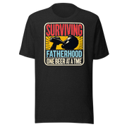 Celebrate fatherhood with our "Surviving Fatherhood One Beer at a Time" t-shirt. Perfect gift for dads who love a cold one. Ideal for Father's Day or birthdays.