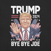 Trump 2024 Bye Bye Joe funny tee with illustration of President Trump waving and American flags backdrop