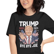 Woman wearing Trump 2024 Bye Bye Joe funny tee with illustration of President Trump waving and patriotic design.