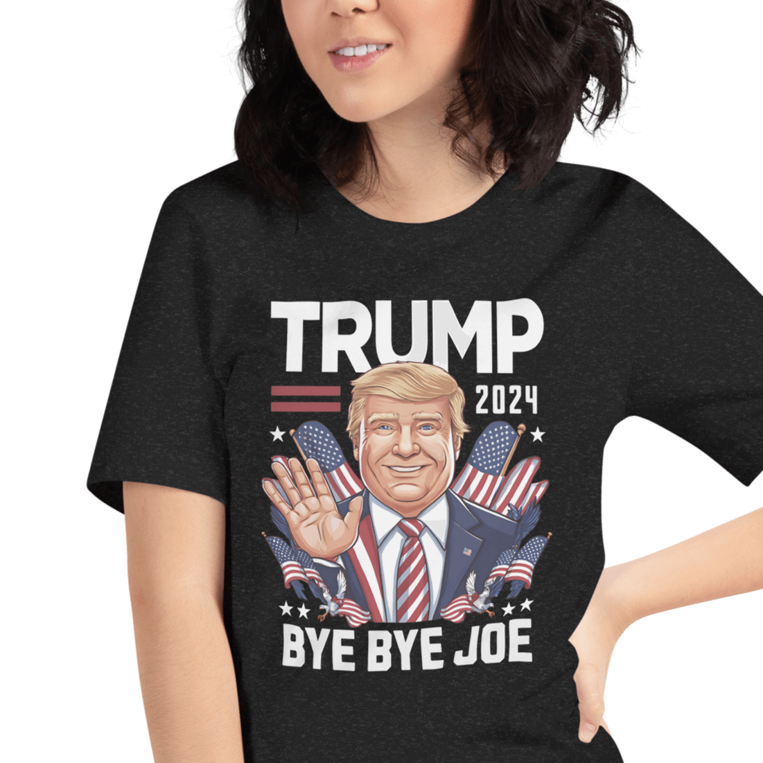 Woman wearing Trump 2024 Bye Bye Joe funny tee with illustration of President Trump waving and patriotic design.