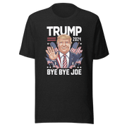 Trump 2024 Bye Bye Joe Funny Tee with cartoon illustration of Trump waving, surrounded by American flags, humor statement shirt