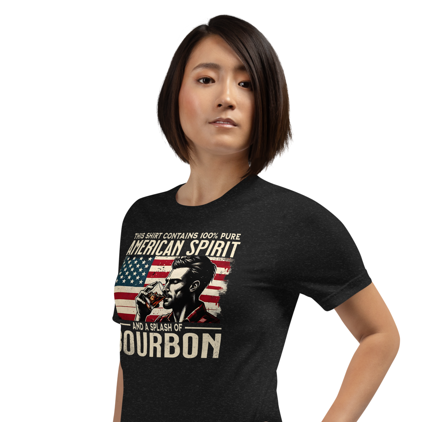 Tee with 'This Shirt Contains 100% American Spirit and a Splash of Bourbon' text, man drinking a glass of bourbon, and distressed American flag background