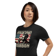 Tee with 'This Shirt Contains 100% American Spirit and a Splash of Bourbon' text, man drinking a glass of bourbon, and distressed American flag background