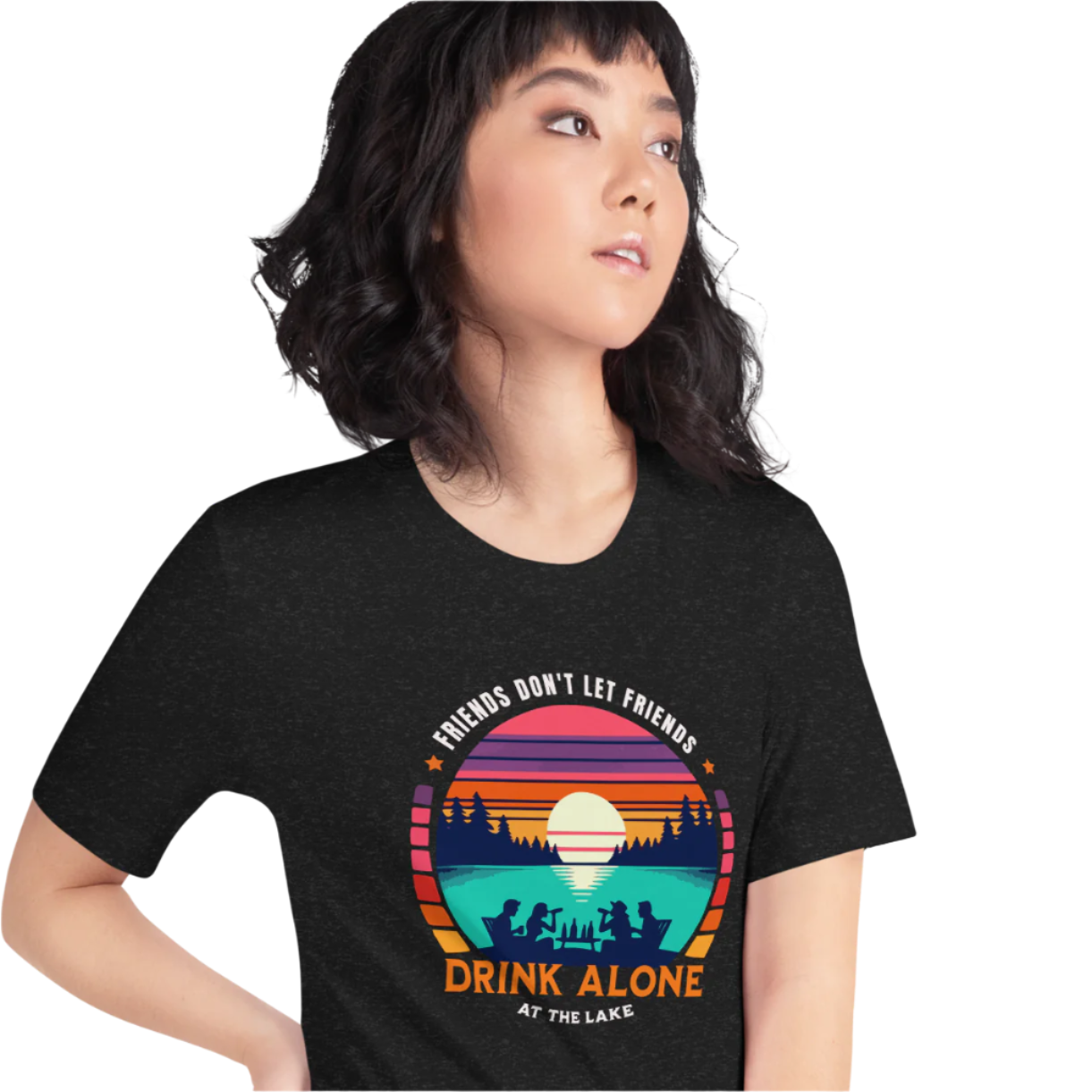 Tee showcasing "Friends Don't Let Friends Drink Alone at the Lake" with a retro sunset and lake scene.