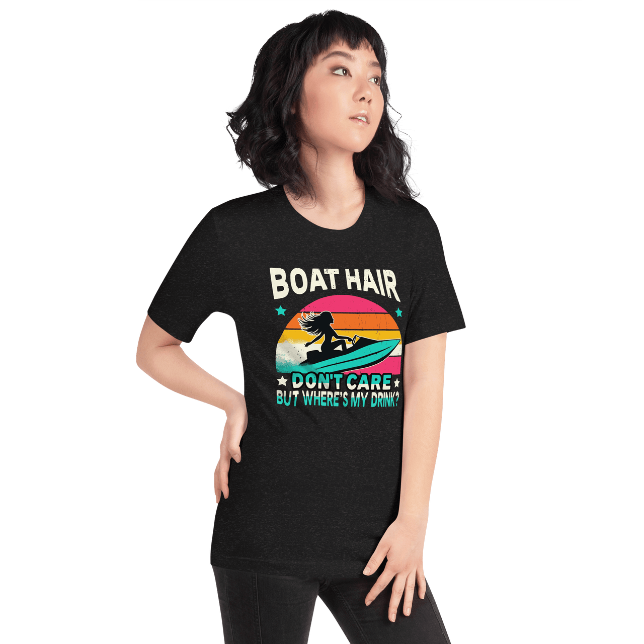 Tee with "Boar Hair Don't Care, But Where's My Drink?" and a woman on a jet ski against a retro sunset backdrop.